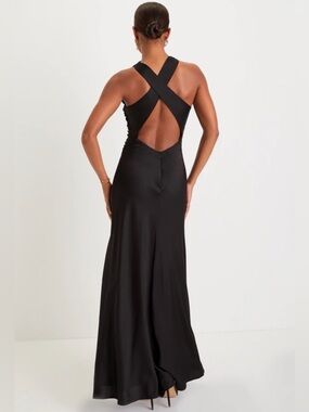 NWT Lulus Black Satin Cross-Back Maxi Dress XS